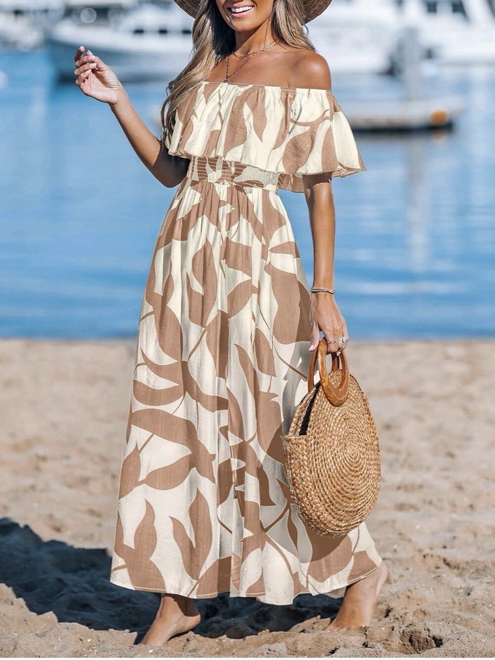 Cupshe Women's Off Shoulder Ruffle Sleeve Smocked Abstract Chiffon Maxi Dress XL